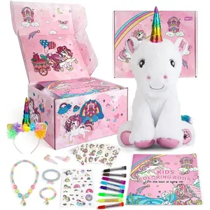 GJ X-PLT04   Unicorn Toys for Girls Birthday Gift Set with Stuffed Animal,Coloring Book, Unicorn Necklace & Bracelet, Girl Gift Toy Birthday Gift Nude Pink Mermaid Fairy Kit Purple
