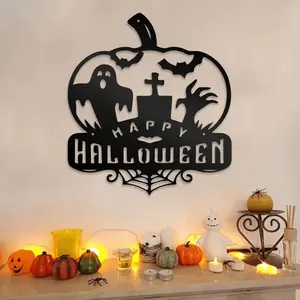 Halloween Metal Wall Sculpture with Pumpkin Design, Indoor Outdoor Decor for Home Office Cafe Bar, Easy Install Seasonal Decoration