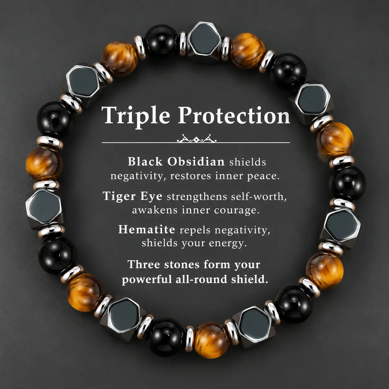 Men's Triple Protection Beaded Bracelet with Tiger Eye, Black Obsidian & Hematite - Grounding Strength Costume Jewelry, Birthday Gift for Him, Everyday Casual Accessory with Meaning Card