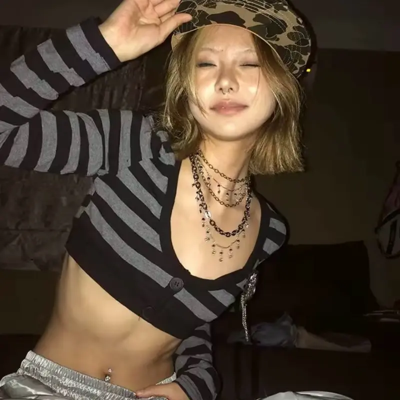 Trashy Y2k Crop Top Japanese 2000s Style Striped Long Sleeved T-shirt Vintage Harajuku High Street Tops American Retro top