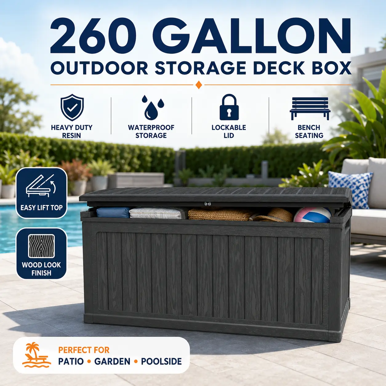 260 Gallon Outdoor Storage Deck Box with Seating Heavy Duty Waterproof Resin Bench for Patio Garden Backyard Poolside Organization Lockable Lid Easy Lift Wood Look Black Storage