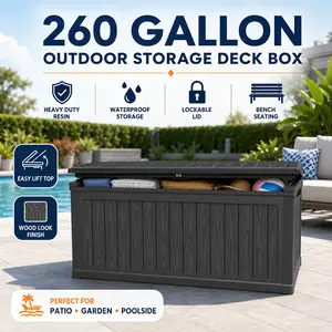 260 Gallon Outdoor Storage Deck Box with Seating Heavy Duty Waterproof Resin Bench for Patio Garden Backyard Poolside Organization Lockable Lid Easy Lift Wood Look Black Storage