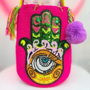 Fuchsia Wayuu Bag with Hamsa Hand Evil Eye Sequin Design & Pom Pom