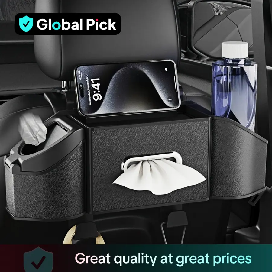 Car seat backrest storage box, tissue box, practical dual cup holder, beverage holder, trash can, seat backrest bag, hook, phone holder, multifunction