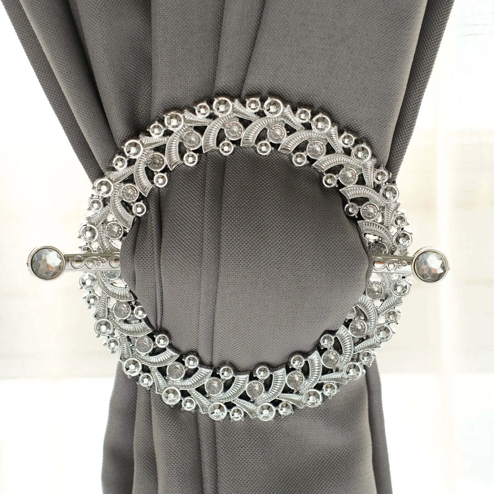 2-Piece Silver Barrette-Style Acrylic Crystal Curtain Tie Backs - Round Shape Curtain Closure, Drapery Brooch Holdbacks, Room & House Decor (7in)