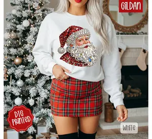 Faux Rhinestone Santa Sweatshirt, Trendy Women's Christmas Crewneck
