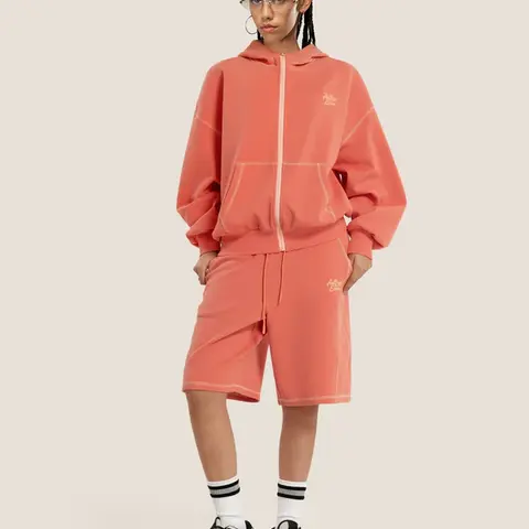 Aelfric Eden Men's 2-Piece Cotton Cloud Boxy Loungewear Set - Smooth Spandex Zip-Up Hoodie with Kangaroo Pocket, Baggy Contrast-Stitch Short Shorts, Oversized Unisex Casual Print Outfit