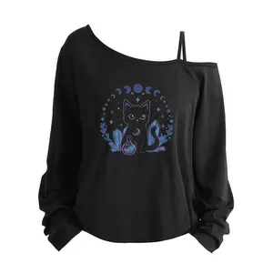 Plus-size women’s casual loose long-sleeve T-shirt with an asymmetrical neckline and thin shoulder straps, cartoon print, suitable for all seasons GARMENTARY