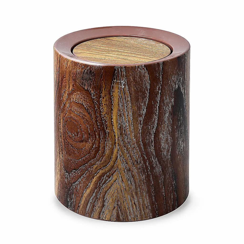 Round Wood-Grain Wastebasket with Removable Inner Bucket and Lid, Boho Aesthetic Trash Can for Living Room, Kitchen, Housewarming Gift (Home Supplies, Paper Bin for Waste & Recycling)