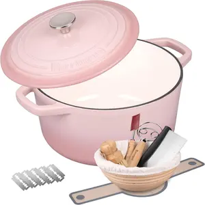 Enameled Cast Iron Dutch Oven Pot with Lid for Bread Baking, Round Bread Oven Includes Sourdough Bread Baking Supplies Set, 4.5QT, Pink