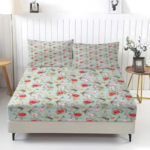Floral Fitted Sheet Set 3 Pcs (1 Fitted Sheet and 2 Pillowcase), Flower Print Mattress Cover for Double, Single, Queen & King Size Beds, Soft Microfiber Floral Sheets Set, Cozy Home Decor