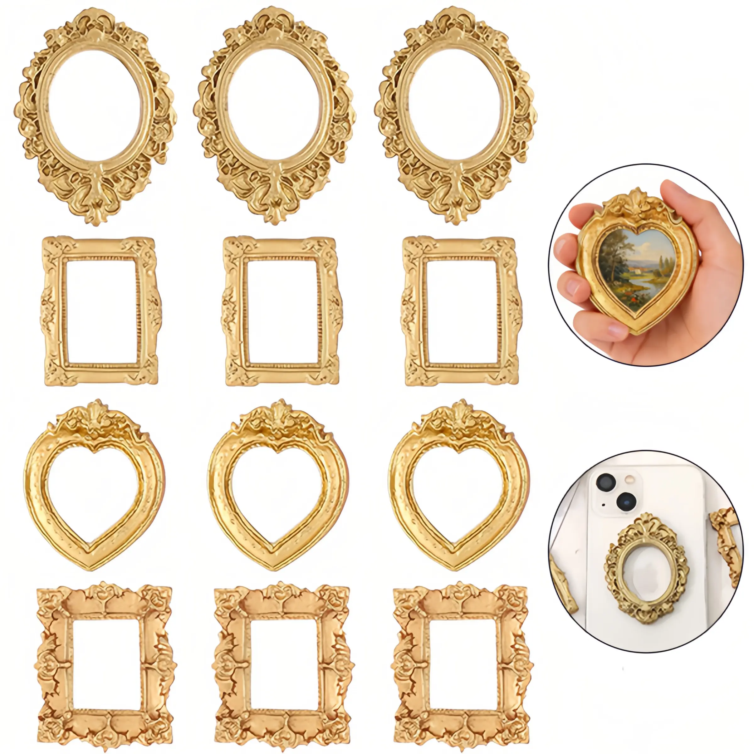 12 Pcs Retro Floral Metallic Gold Mini Resin Picture Frames - Luxury Small Home Decor Frames for Jewelry Display, DIY Photos, Table-Wall Use, Ideal Gift for Christmas, Weddings, Room Accents