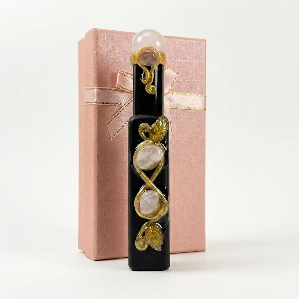 Vintage Black Refillable Perfume Bottle with Natural Rose Quartz, Gothic Handcrafted Gemstone Fine Mist Spray Bottle for Essential Oils Fragrance, Travel Portable Beauty Container Vanity Decor Gift