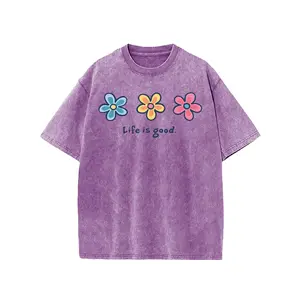 Washed Blue "Life is Good" Retro Flower Oversized Cotton T-Shirt, Vintage Casual Floral Graphic Crew Neck Tee, Boho Positive Quote Top, Everyday Summer Outfit, Soft Breathable Cotton, Comfortable All-Day Wear, Unisex Loose Fit, 90s Vibe, Perfect Gift