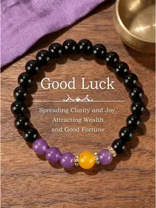Natural Stone Bracelet: Black Agate, Amethyst, and Citrine Beaded Bracelet Attracts Wealth, Good Luck, and Fortune An Ideal Gift Choice