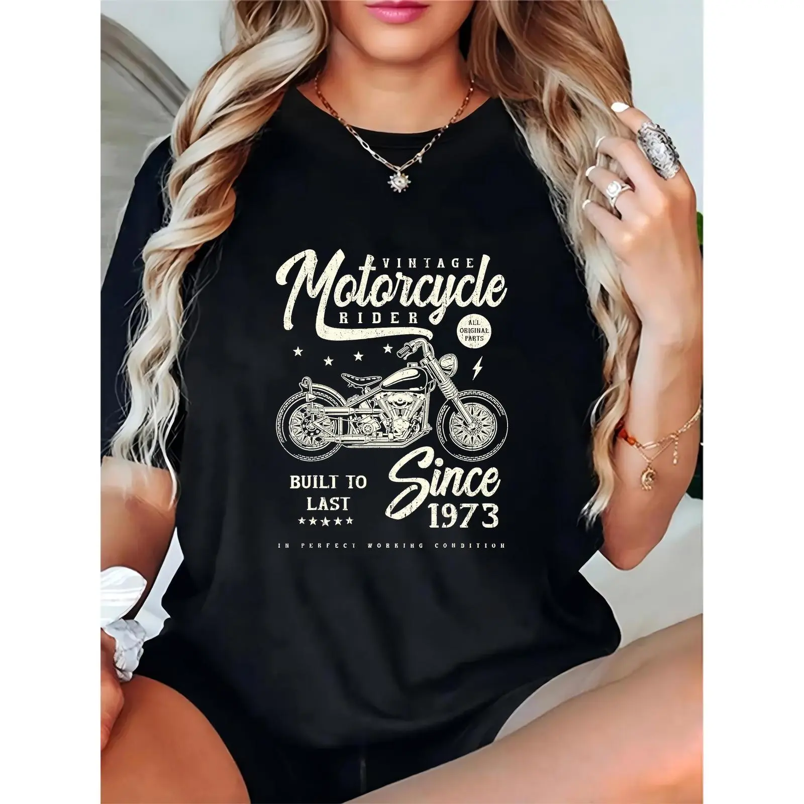 Women's Vintage Motorcycle Rider Since 1973 Graphic T-Shirt, Retro Biker Tee for Motorcycle Enthusiasts, Casual Daily & Riding Outfit for Women (Black)