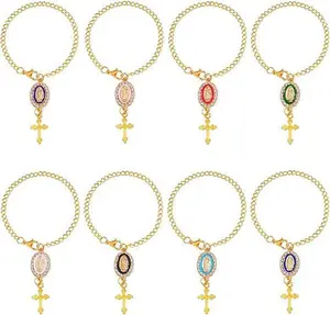 Pack of 8 Steering Wheel Rosary Charm, Christian Car Accessories with Cross Pendant, Religious Hanging Protection Charms Set, Jesus Car Accessories for Rearview Mirror Dashboard Decor