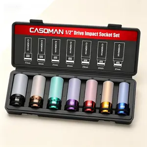 6 Point Deep Impact Socket Set, 1/2" Drive Thin Wall Non-Marring Wheel Protector, Metric 7-Piece Color-Coded Sockets, 85mm Length CR-MO Steel, Reusable Professional Lug Nut Sockets