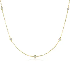14K White/Yellow Gold Plated Station Necklace | Simulated Diamond BTY Dainty Chain Necklace for Women | 15-18 Inch + 3 Inch Extender