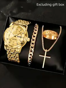 Poedagar Youth Waterproof Watch, Men's Business & Leisure Quartz Watch, Date Round Quartz, 4-Piece Jewelry Set, Best Gift