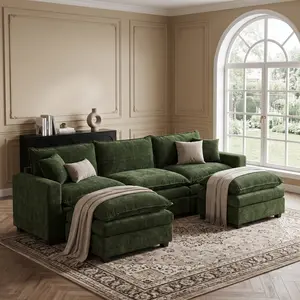 108" U-Shaped Modular Sectional Cloud Couch, 5-Seater Chenille Sofa Bed with 2 Movable Ottomans & 5 Pillows, Deep Seat Plush Cushions, Breathable Skin-Friendly Fabric, Cream Minimalist Style & Sturdy Frame for Living Room Apartment