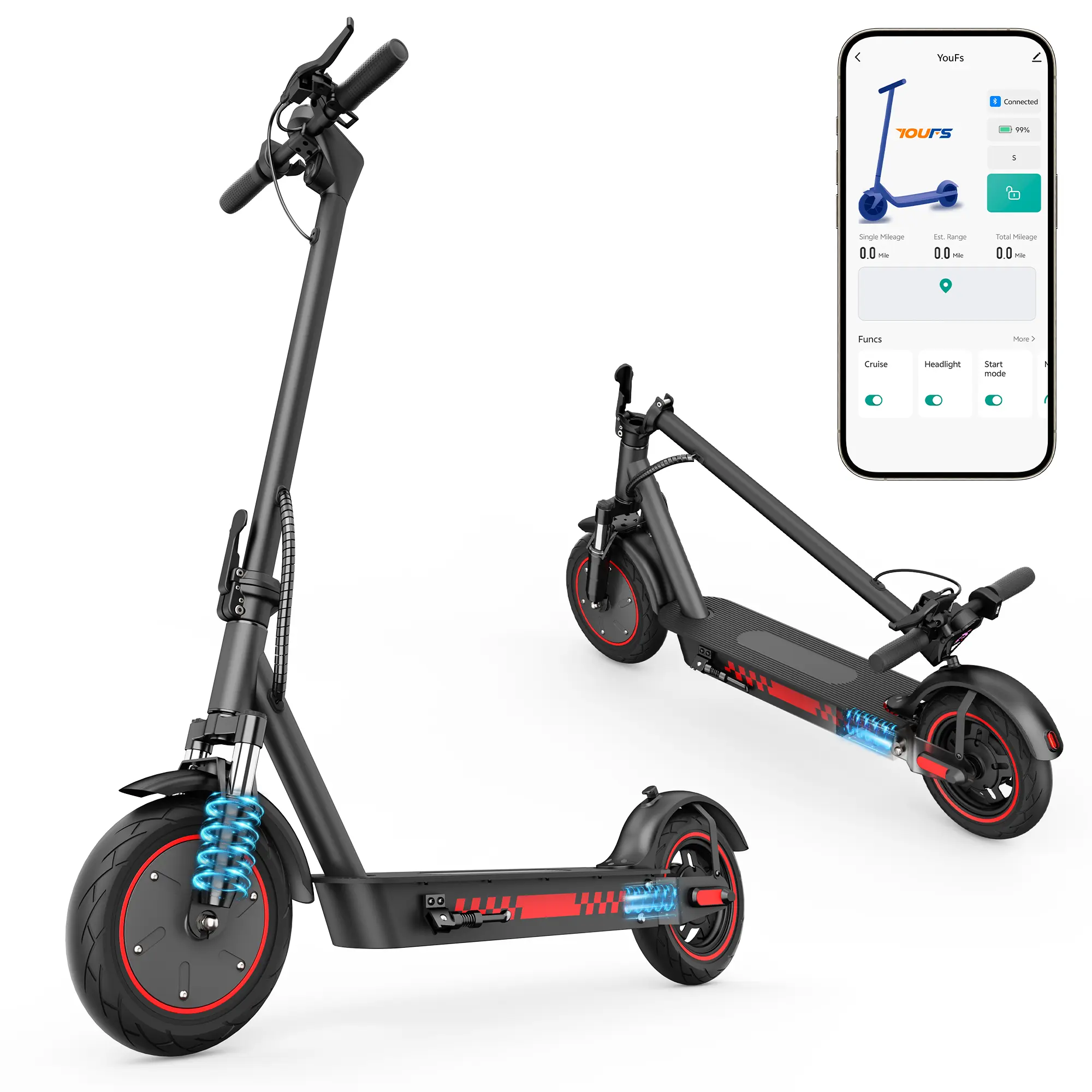 350W Brushless Motor D9 Pro Electric Scooter Front Rear Suspension 10-Inch Explosion-Proof Tires Drum Brake 19MPH Max Speed 10.5Ah Battery 3 Speed Modes Foldable Portable Front Rear Lights City Commuter App Smart Control