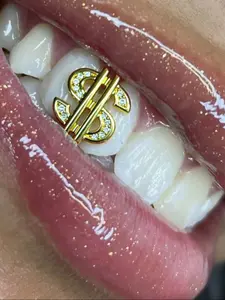 1pc Trendy, Aesthetic 14K Gold Plated Dollar Sign Grillz Teeth Jewelry with Cubic Zirconia, Hip-Hop Style Tooth Accessory for Black Men, Women and Girls Bold Statement Piece for Parties, Halloween, Cosplay & Gifts, $ Symbol Design in Golden & Silver