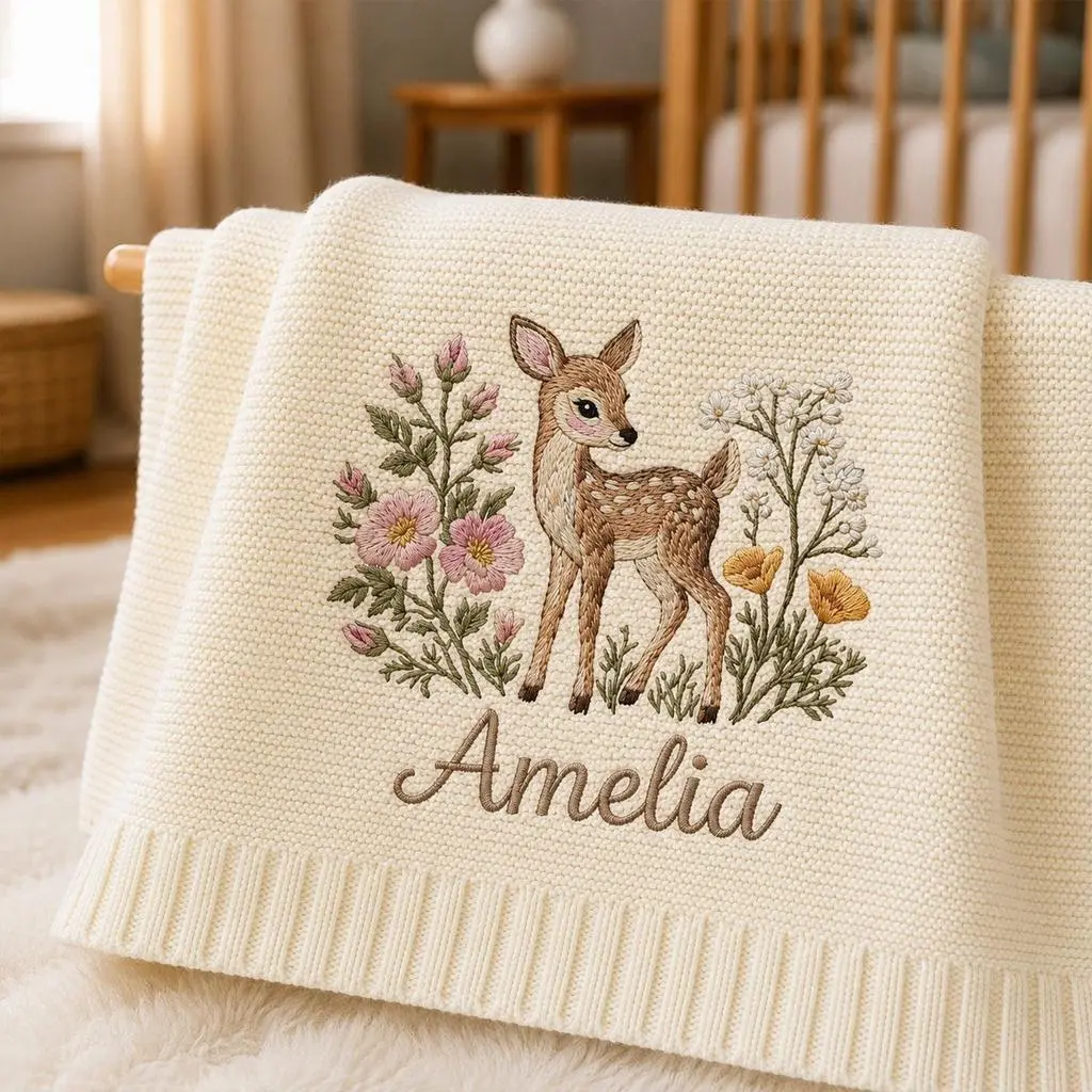 [Made-to-Order] Personalized Deer Embroidered Baby Blanket, Custom Name Wildflower Knit Baby Blanket, Woodland Floral Nursery Keepsake, Newborn Baby Shower Gift