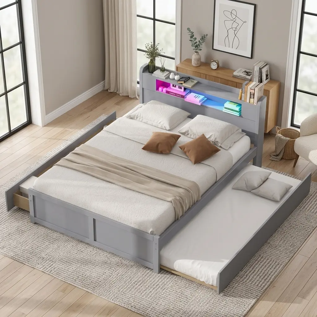 Queen Bed Frame with Twin Trundle & 2 Storage Drawers, Wood Platform Bed with LED Headboard, No Box Spring Needed, No Mattress