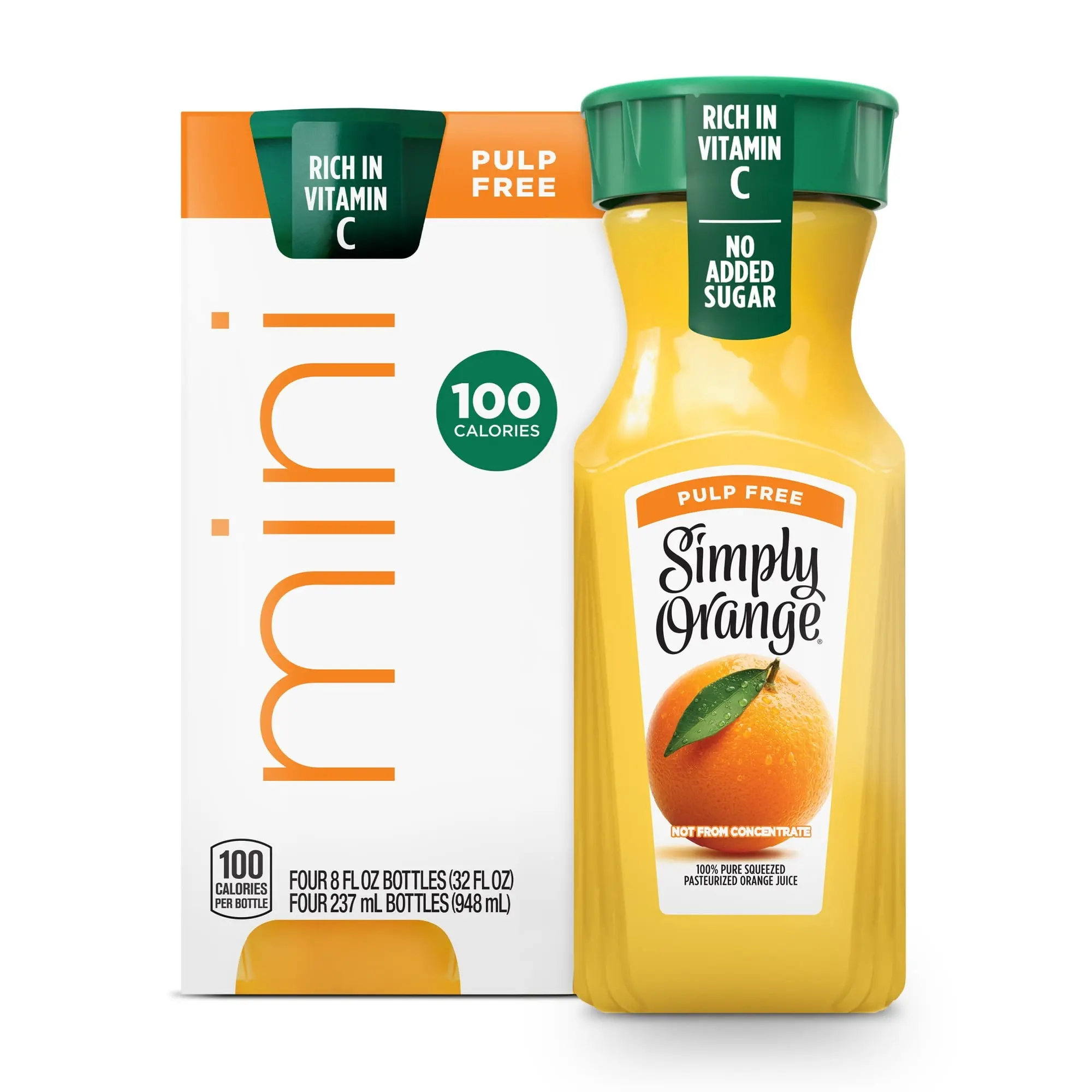 Simply Orange Pulp-Free Orange Juice – 4 Pack of 8 fl oz Bottles | 100% Pure Pasteurized Orange Juice, No Pulp, No Added Sugar