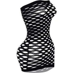 Sexy Womens Strapless Fishnet Lingerie Sleepwear Mini Dress Tube Chemise Bodysuit One Size
