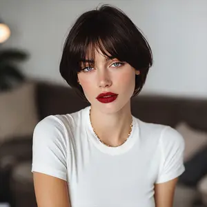 SMILCO/ 6-inch Dark Brown Short Straight with Bangs Synthetic Wig/SM166-4