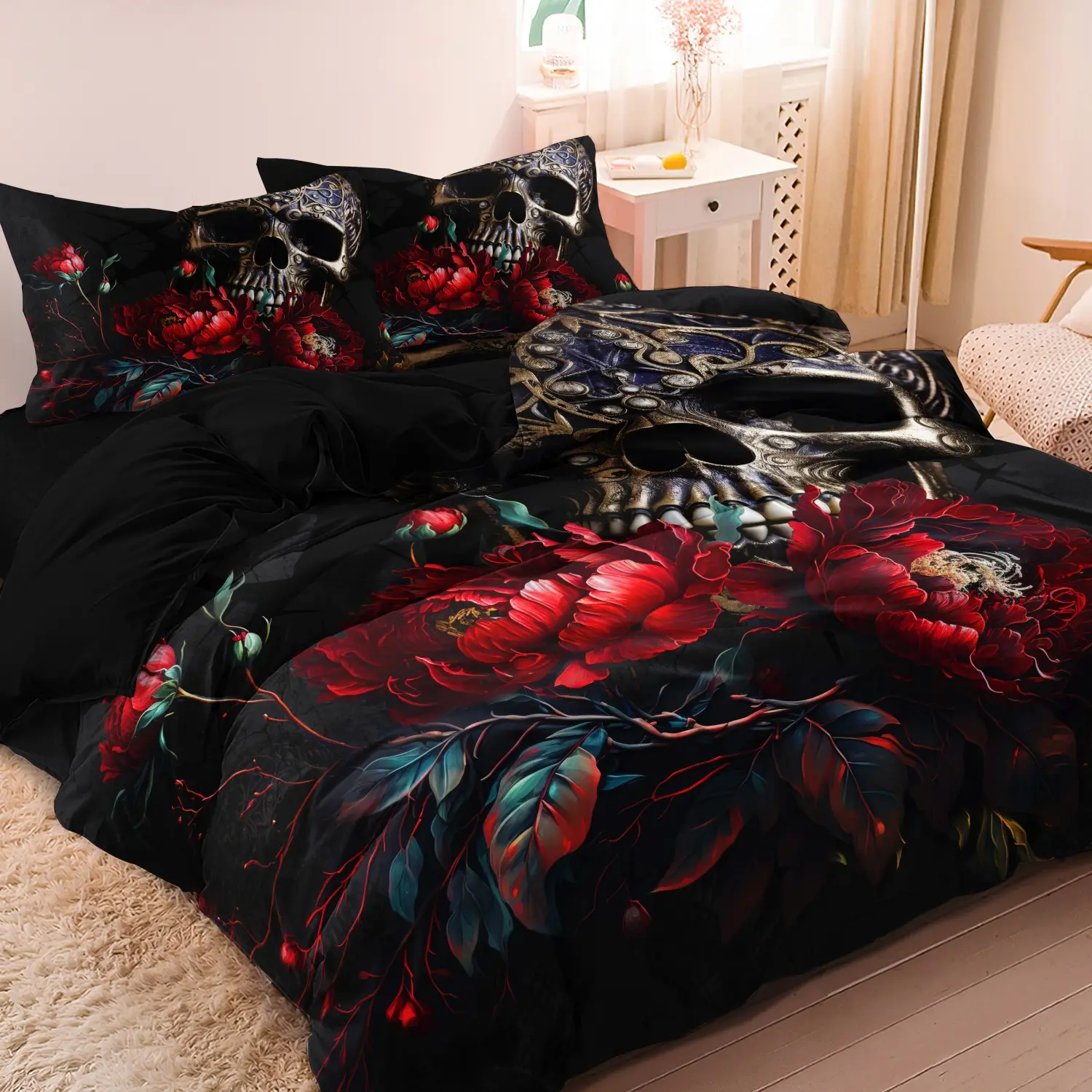 3pcs Set Gothic Skull & Red Peony Printing Duvet Cover Set Bed Covers, Dark Floral Bedding Sets ,Suitable For Bedroom Hotel Inn School Dormitory Can Be Used As Holiday Gifts (1*Duvet Cover + 2 Pillowcases,No Comforter, No Pillow)