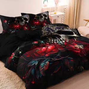 3pcs Set Gothic Skull & Red Peony Printing Duvet Cover Set, Dark Floral Bedding Sets ,Suitable For Bedroom Hotel Inn School Dormitory Can Be Used As Holiday Gifts (1*Duvet Cover + 2 Pillowcases,No Comforter, No Pillow)