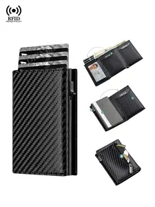 RFID Blocking Pop Up Wallet for Men Carbon Fiber Slim PU Leather Smart Credit Card Holder Rfid Card Slots with Coin Pocket ID Window Anti-Theft Bank Cardholder Short Purse