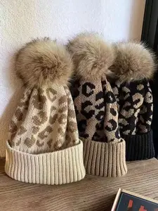 Casual Leopard Print Fleece Knit Hat, Soft Warm Fashionable Cap for Fall Winter, Daily Commute Outdoor Party Wear, Knitted Winter Hat