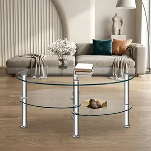 35.5 Inch Silver Tempered Glass Coffee Table, Irregular Shape Metal Frame Tea Table with Dual Bottom Storage Shelves, Anti-Corrosion Stable Load-Bearing Easy Assembly Leisure Side Table for Living Room Home Decor