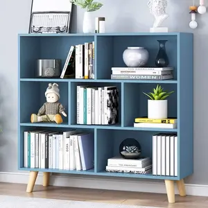 Wooden Open Shelf Bookcase - 3-Tier Floor Standing Display Cabinet Rack with , 7 Cubes Bookshelf, Bright Blue