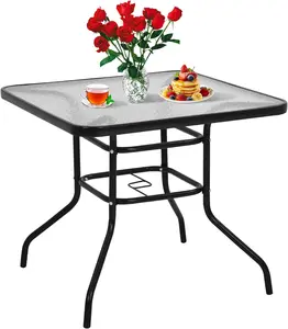 Outdoor Patio Table Bistro Metal Steel Frame Square Table Balcony Conversation Coffee Tables with Umbrella Hole Outside Garden Dining Tables with Tempered Glass Top, Black