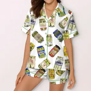 Pickle Pajama Set for Women – Funny Hot Girls Eat Pickles PJ Set – Cute Green Pickle Print Sleepwear – Short Sleeve Button Up Lounge Set