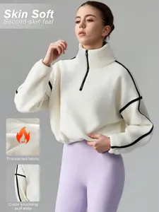 Women's High Neck Half Zip Fleece Sweatshirt Colorblock Pattern, New Versatile Loose Fit Casual Outdoor Sports Running Training Tops Short Jacket, Comfortable Hoodie Top
