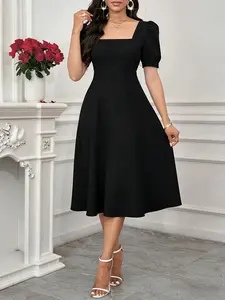 Women's Square Neck Short Sleeve Solid Color Loose Dress Elegant Dress