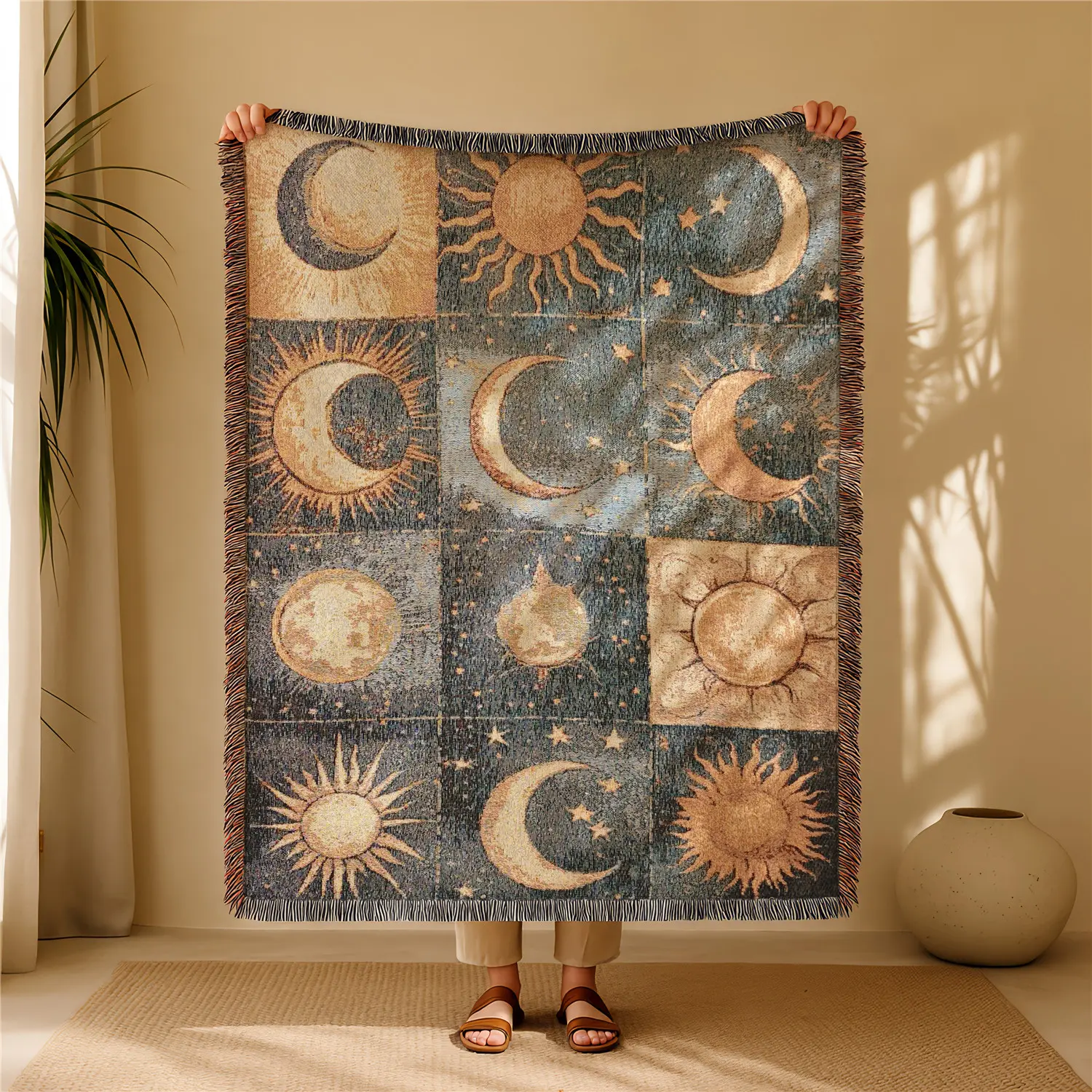 Sun Moon Pattern Bohemian Yarn Jacquard Woven Blanket with Tassel, Boho Blanket, Thick Soft Washable Blanket, Used for Home Decor Sofa Chair Bed Tapestry Tablecloth Floor Garden Picnic Outdoor Camping, Soft Warm Blanket