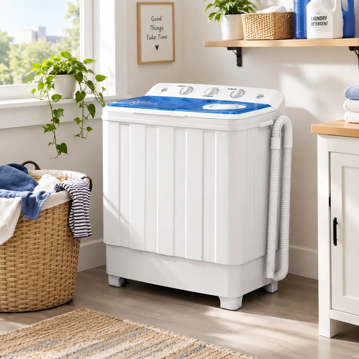 Auertech Portable Washer Dryer, Twin Tub Semi-Automatic 110V Plug 1300 RPM Motor Laundry Machine with Drain Pump, Travel Washing Machine for Dorm Users, Apartments