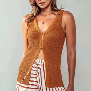 Vacation vibes vneck Longline Crochet Knit Sweater Vest in Caramel Lady