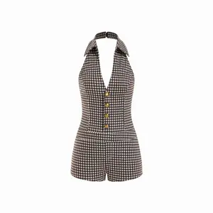 Cider Plaid Button Decor Halter Neck Romper