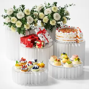 HeiMma 6 Pack Buffet Risers, Foldable Accordion Food Display Risers with Acrylic Disc, Dessert Table Display Set, Cardboard Paper Cupcake Cake Stand for Party Cylinder Stands for Parties Drink Collectibles Jewelry Figures, White
