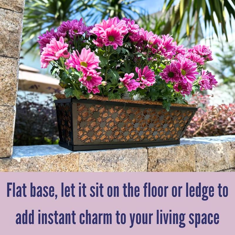 LaLaGreen Window Box Planter for Outdoor Plants (4 Pack, 16 Inch) Black Metal Rectangular Flower Pot Wall Planters with Coco Liner, Modern Horse Trough Railing Garden Balcony, Patio, Fence, and Deck