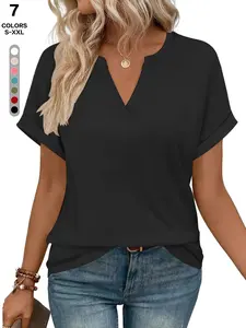 2026 Tiktok Viral Notch V Neck T-Shirt, Rolled Cuff Short Sleeve, Casual Blouse, Comfy Fall Leg-Lengthening Daily Wear