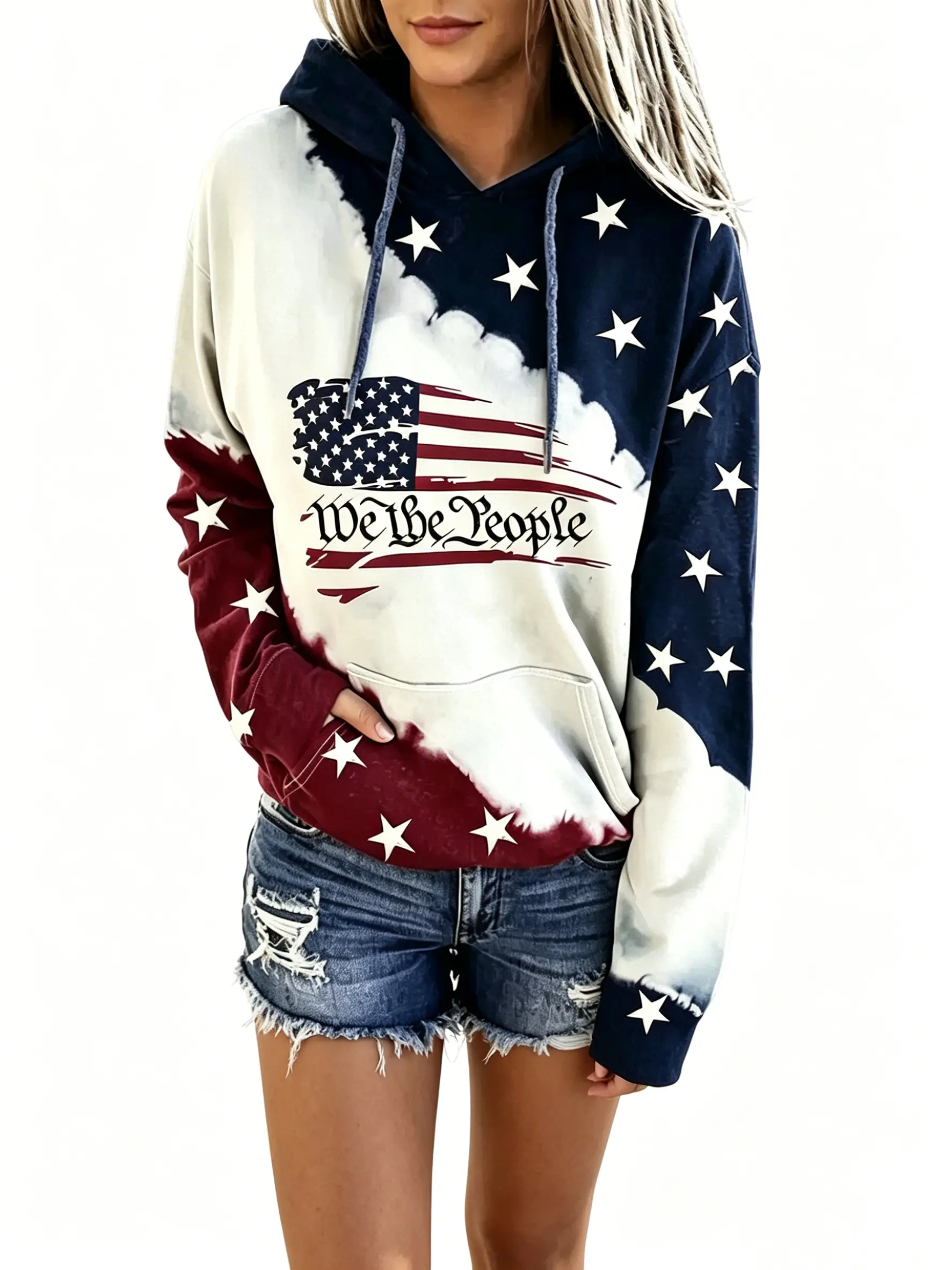 Women's "We The People" American Flag Print Hoodie, Tie Dye Stars & Stripes Patriotic Sweatshirt